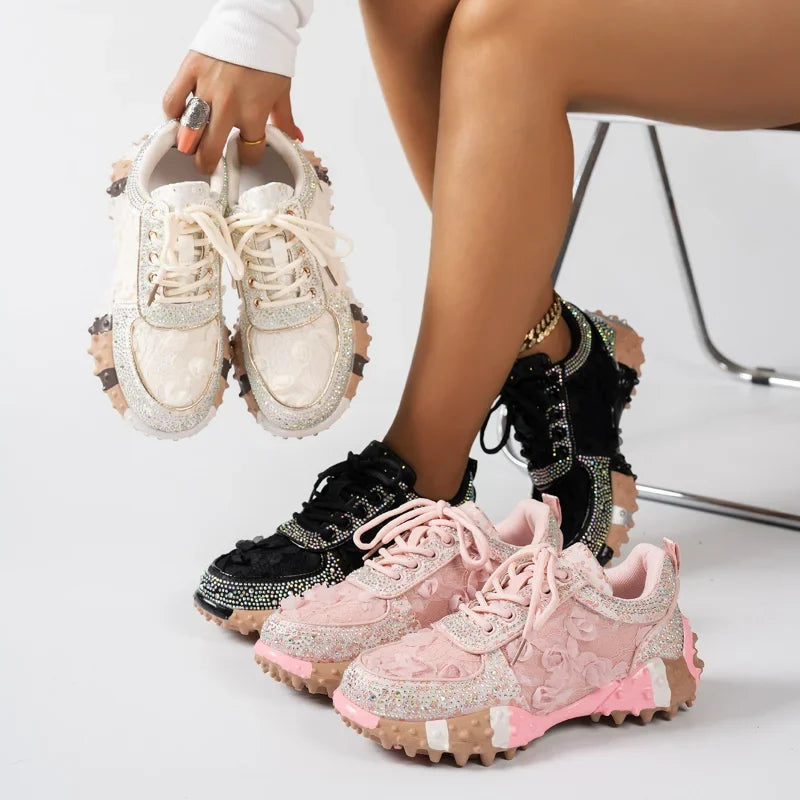 Women's Rhinestone Sneakers – Thick Sole Casual Sport Shoes