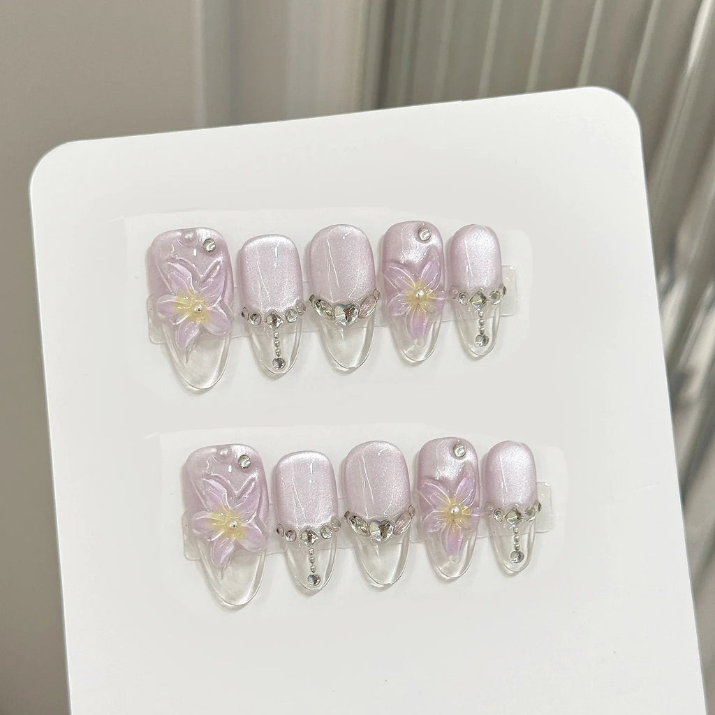 Almond Press-On Nails | Flower & Cat Eye Design – 10pcs