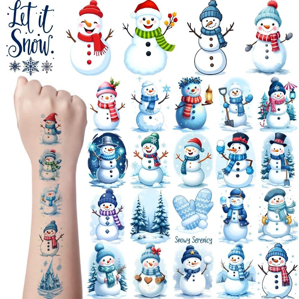 54pcs Winter Temporary Tattoos – Polar Bear, Snowman & Hearts