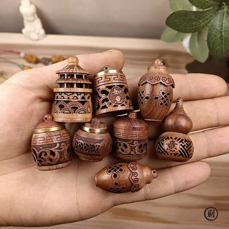 Wood Hollow Carved Aromatherapy Bottle Mini Vase Pagoda Car Hanging