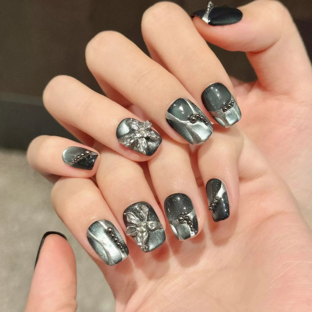 10pcs Cat's Eye Press-On Nails Y2K Silver Punk Ballet | YADORNOS