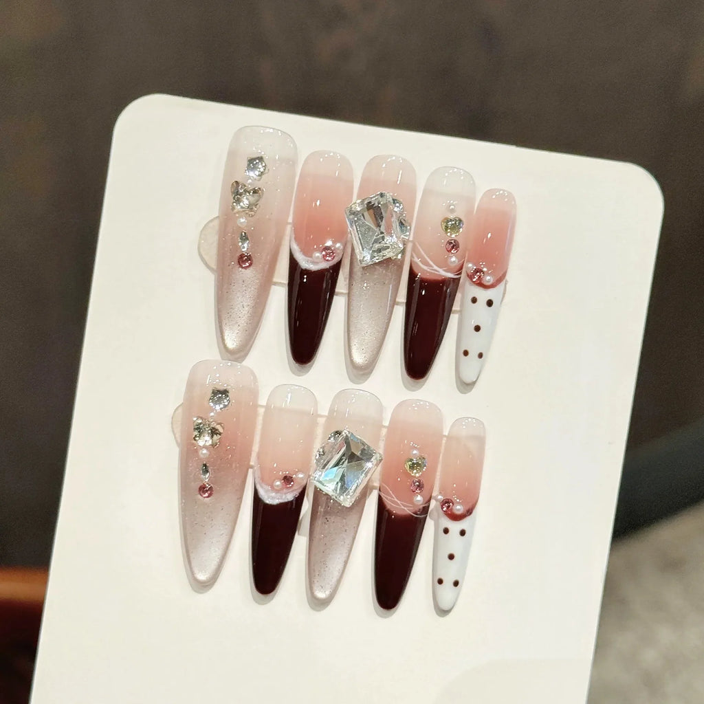 Crystal Cat's Eye Press-On Nails – Wine Red French Almond 10pcs