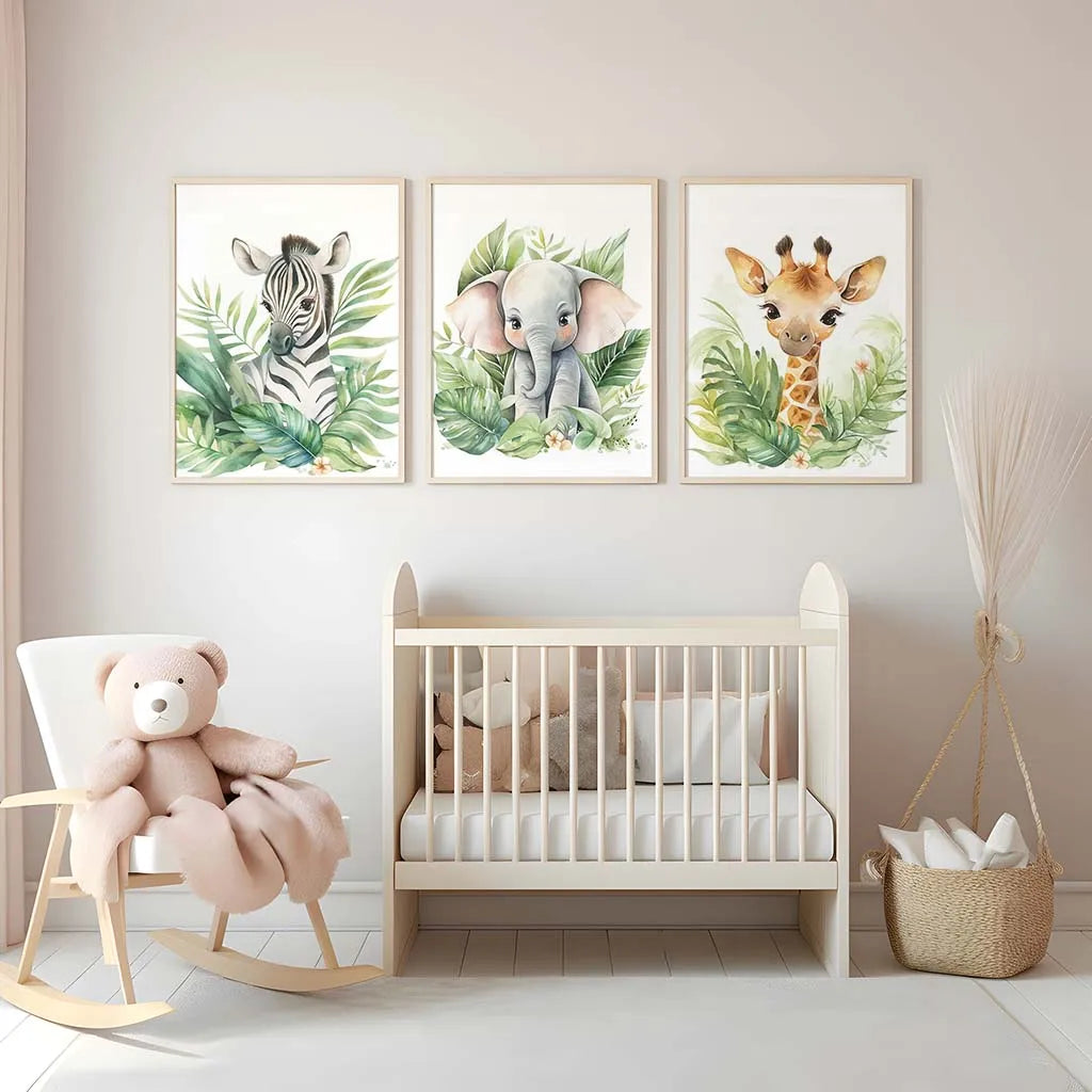 Safari Animal Canvas Wall Art | Nursery Giraffe Elephant Zebra Print