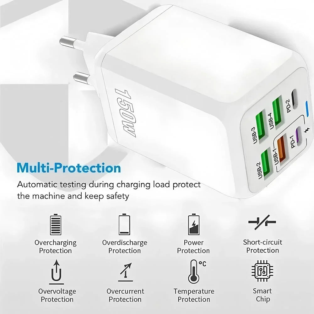 150W 6-Port USB-C Wall Charger | PD QC 3.0 Fast Charging