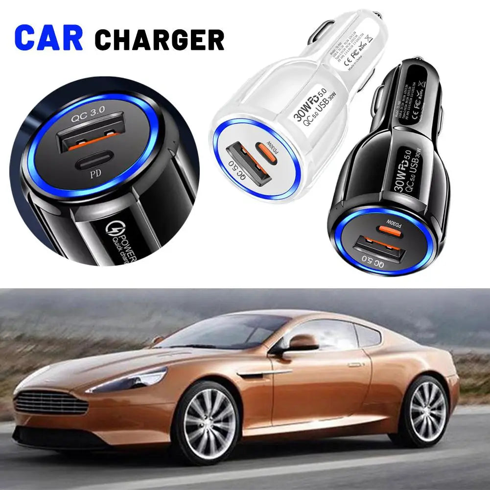 Dual-Port Car Charger QC5.0 & PD 30W Fast Charging