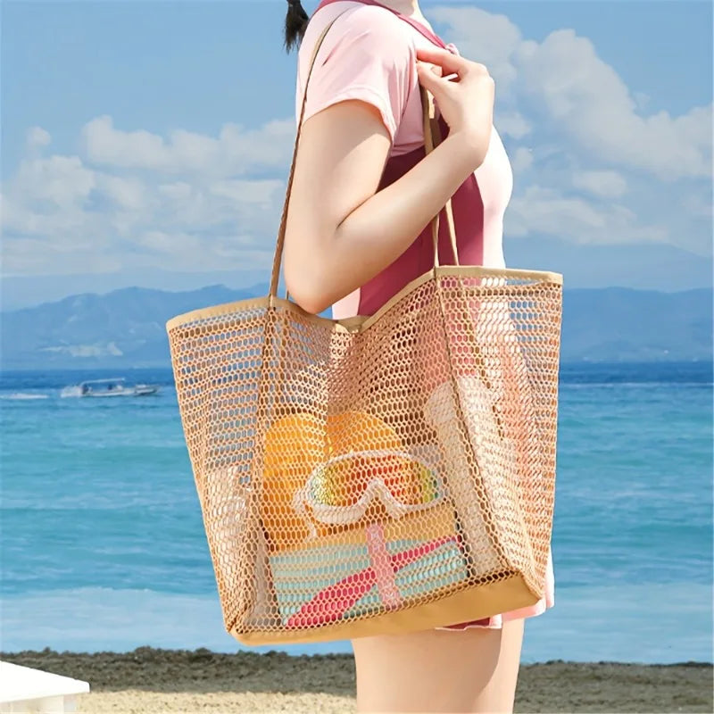 Colorful Mesh Beach Tote Bag – Shoulder & Crossbody | Khaki