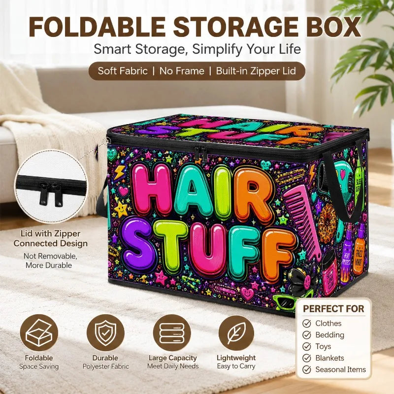 Large Foldable Zippered Storage Box – Hair Doodle Pattern