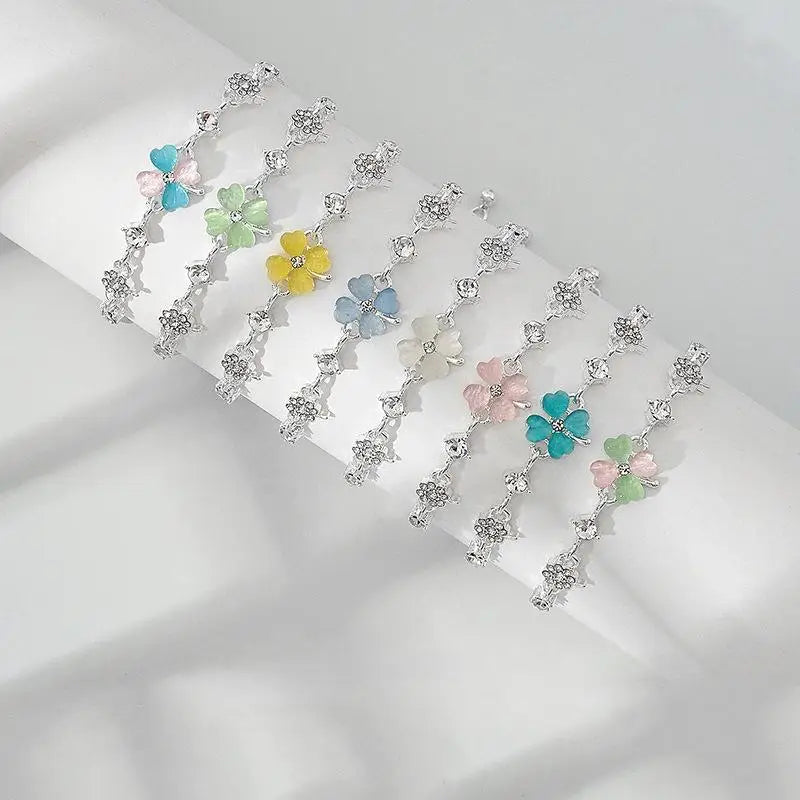 Four Leaf Clover Zircon Opal Charm Bracelet | Adjustable Bangle