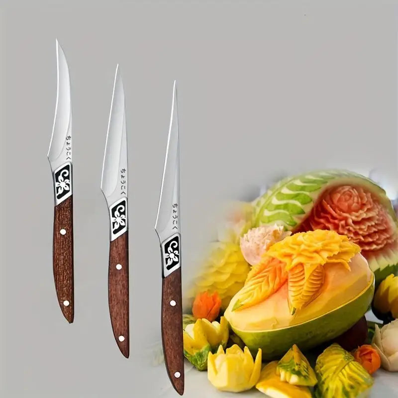 3-Piece Food Carving Knife Set – Stainless Steel & Wood Handle