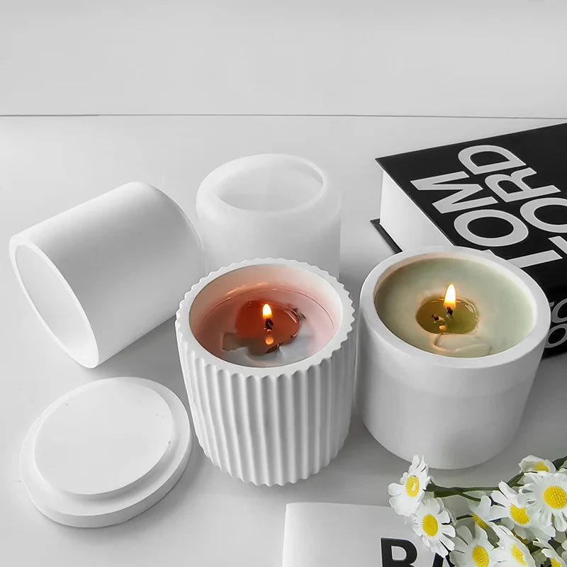 Candle Vessel Silicone Mold Cylindrical Ribbed Smooth Concrete Resin