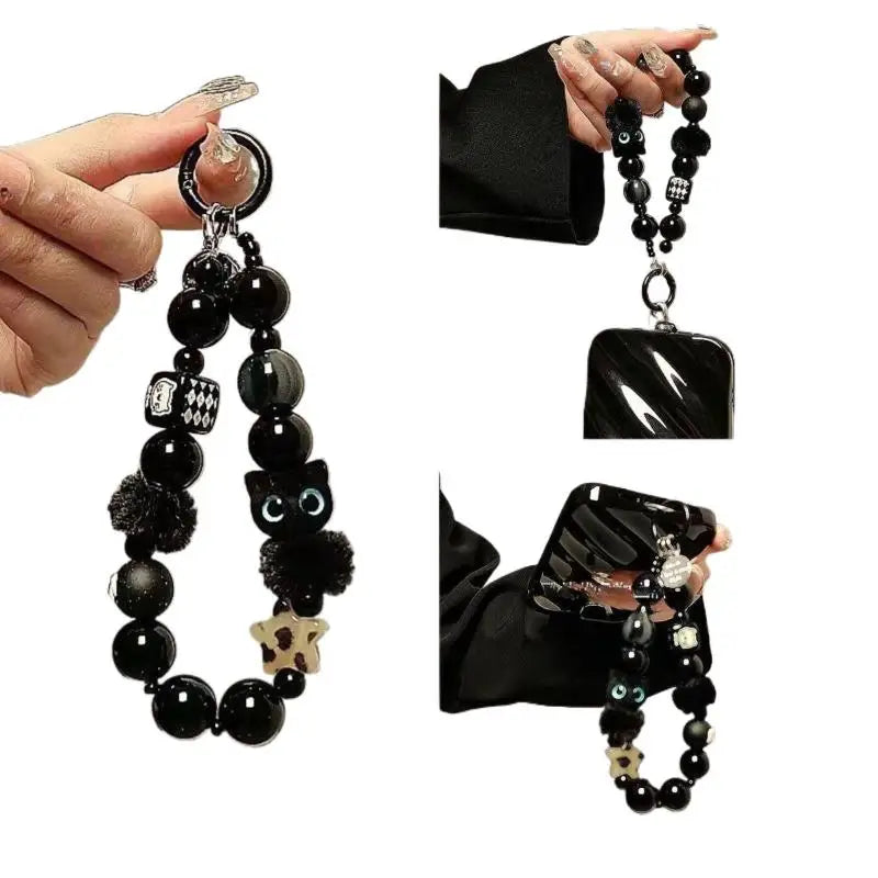 Luxury Black Fluffy Cat Phone Wrist Strap & Beaded Chain