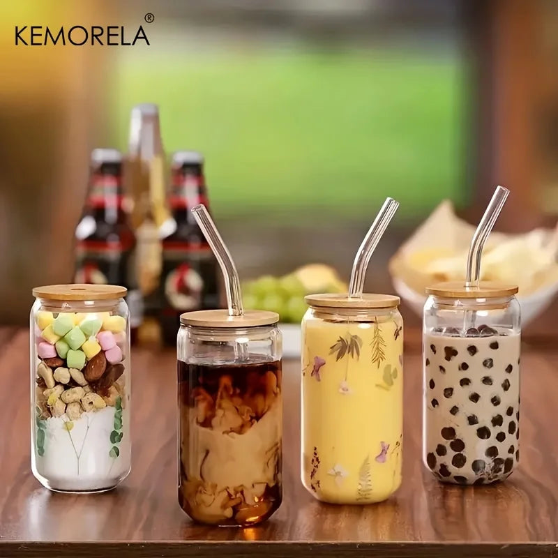 KEMORELA 17oz Drinking Glasses with Glass Straw Set of 4