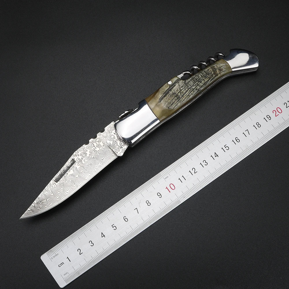 Damascus Steel Folding Knife – Sheep Horn Handle | XUAN FENG
