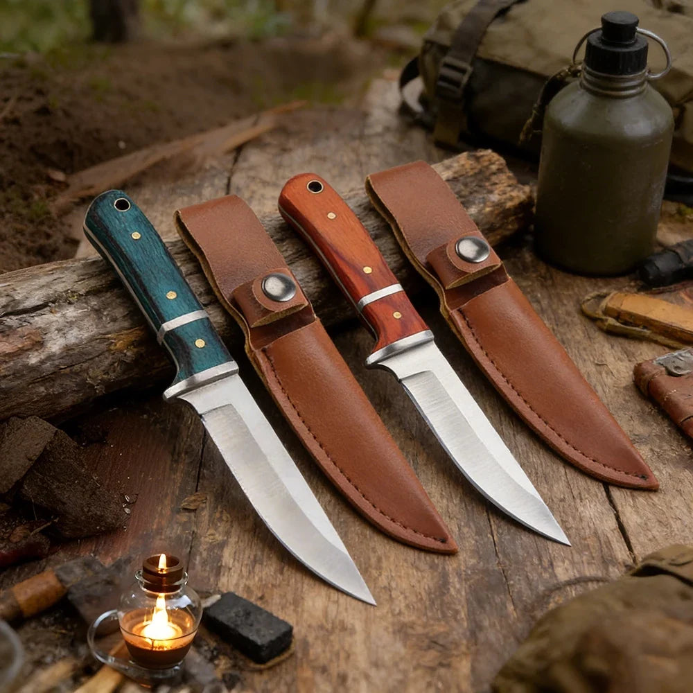 3-Inch Stainless Steel Outdoor Knife – Wood Handle EDC Sheath