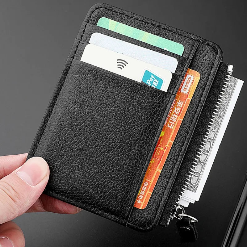 Lychee Pattern Zipper Card Holder – Slim PU Wallet