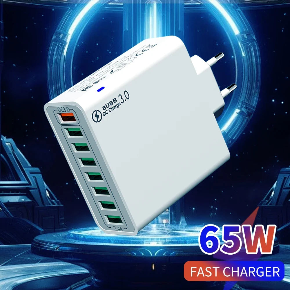 8-Port 65W USB Fast Charger | Quick Charge 3.0 Travel Adapter