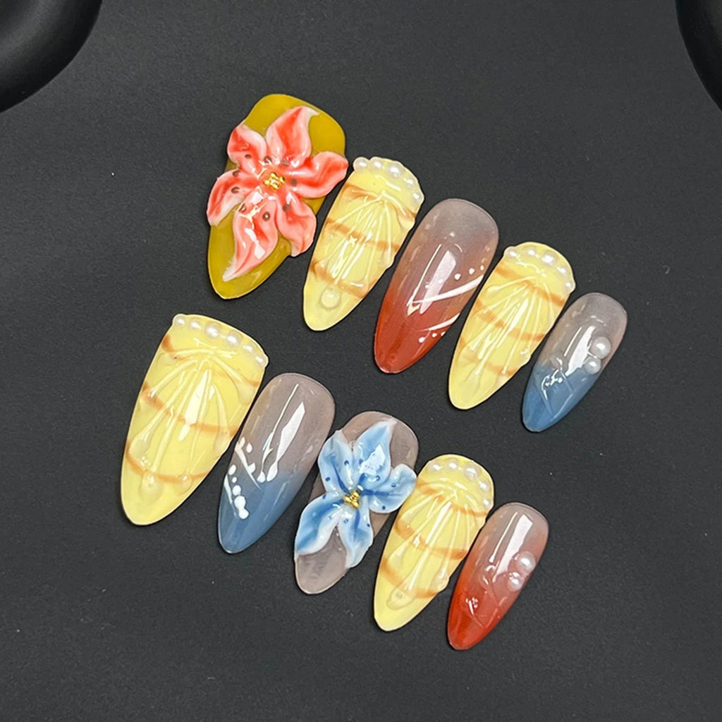 Handmade Press On Nails 3D Tropical Flower Almond | 10pcs Set