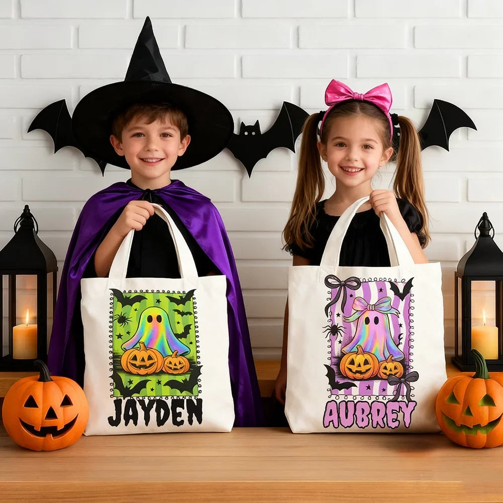 Personalized Halloween Ghost Tote Bag | Custom Name Candy Bag