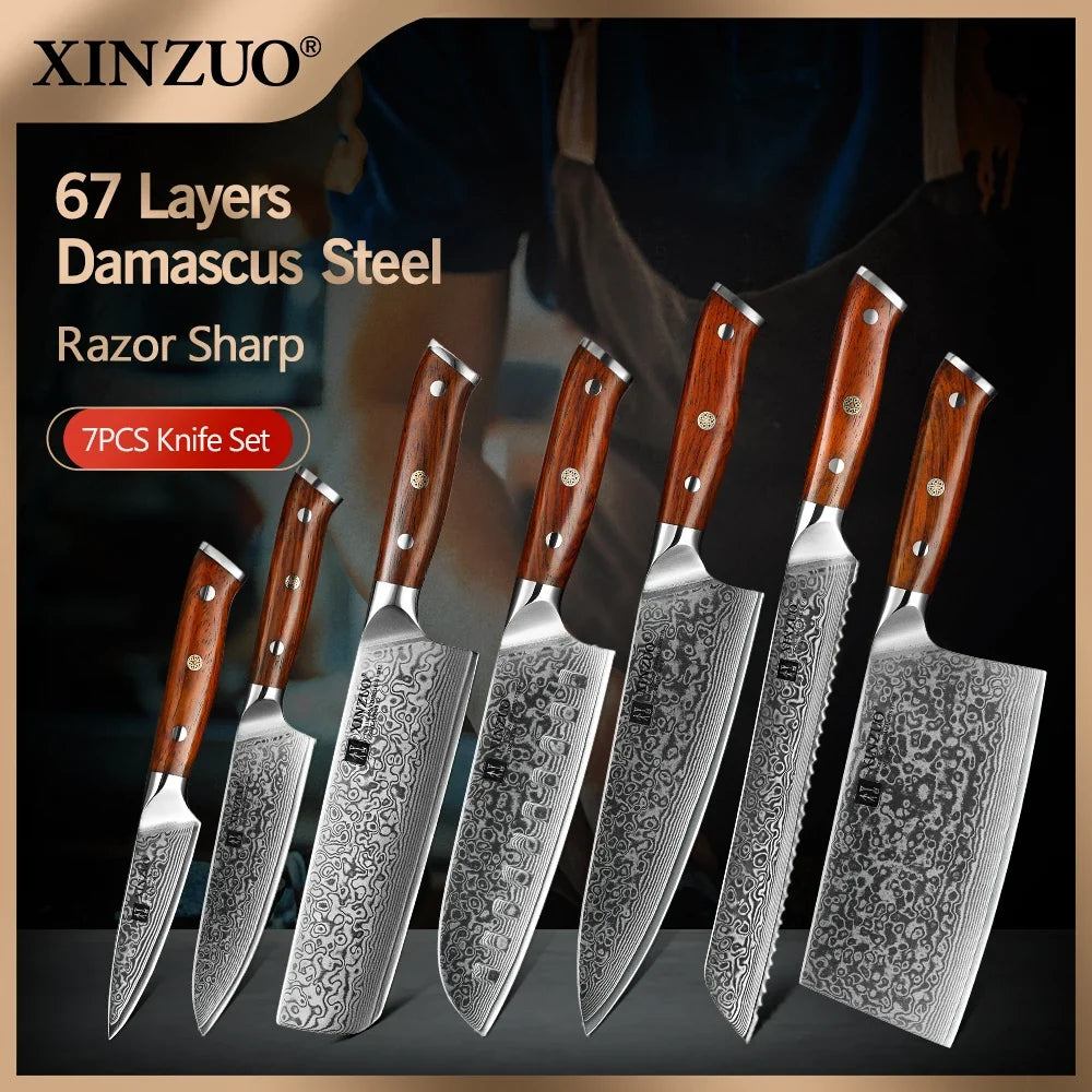 XINZUO 7-Pc VG10 Damascus Steel Knife Set | Rosewood Handle