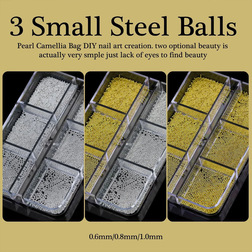 Steel Bead Nail Art Kit – 6-Grid Gold & Silver Manicure Charms
