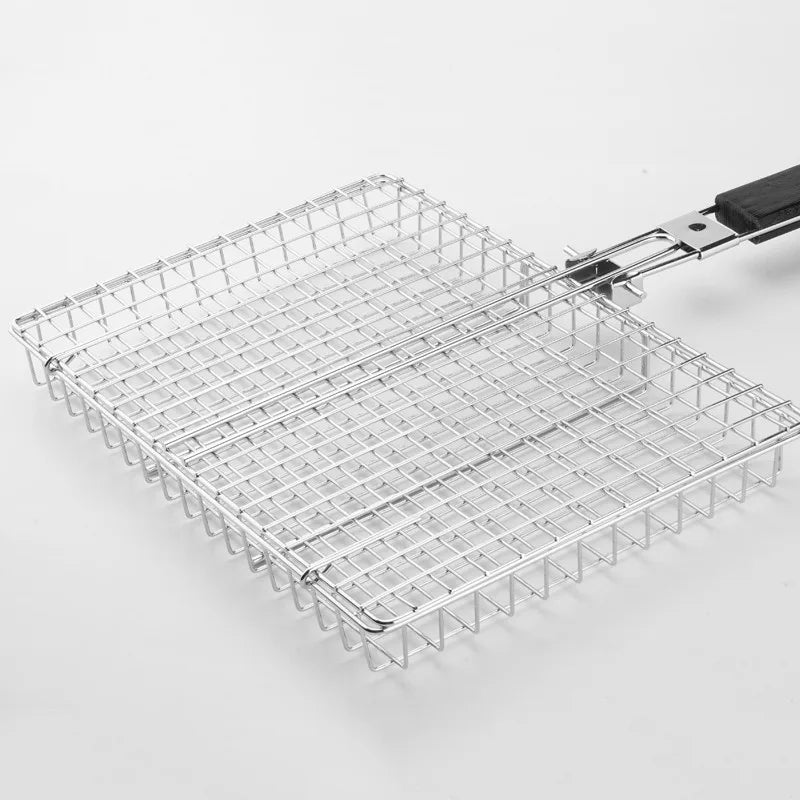 Folding Stainless Steel BBQ Grill Basket – Lockable, Large Grilling Surface, Includes Basting Brush & Storage Bag