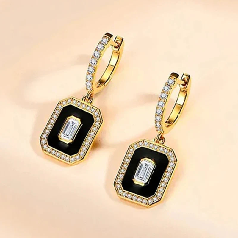 Huitan Gold Hoop Drop Earrings – Black Enamel & Cubic Zirconia