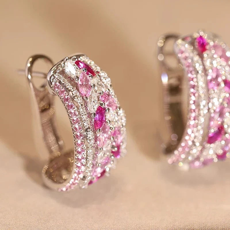 Huitan Pink CZ Hoop Earrings – Silver Plated Luxury Jewelry