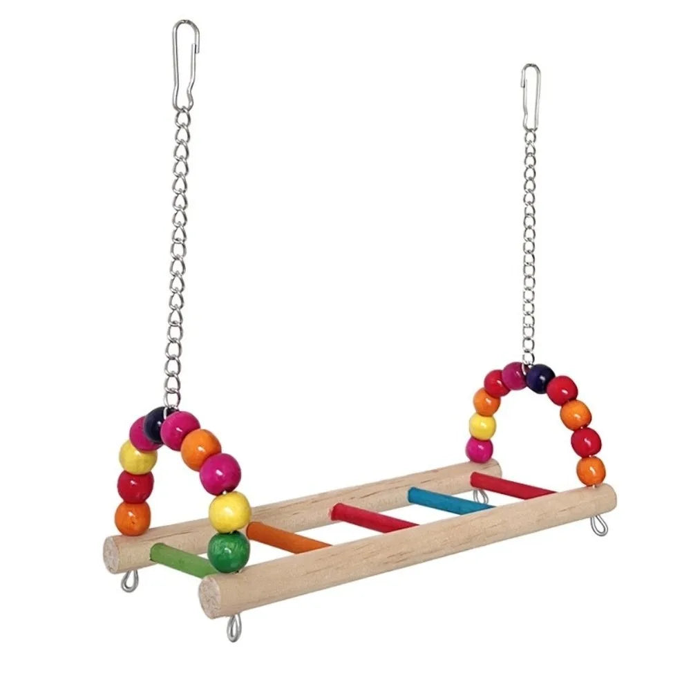 Wooden Parrot Swing Perch Stand with Colorful Beads | Bird Cage