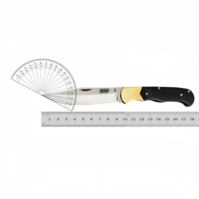 Folding Pocket Knife – Ebony & Brass Handle, Leather Sheath EDC