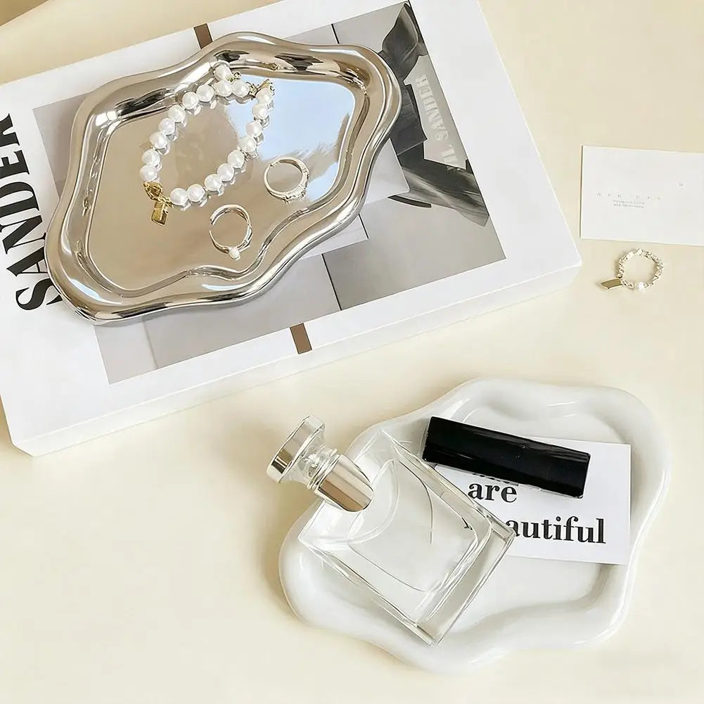 Electroplated Jewelry Storage Tray – White & Silver Organizer
