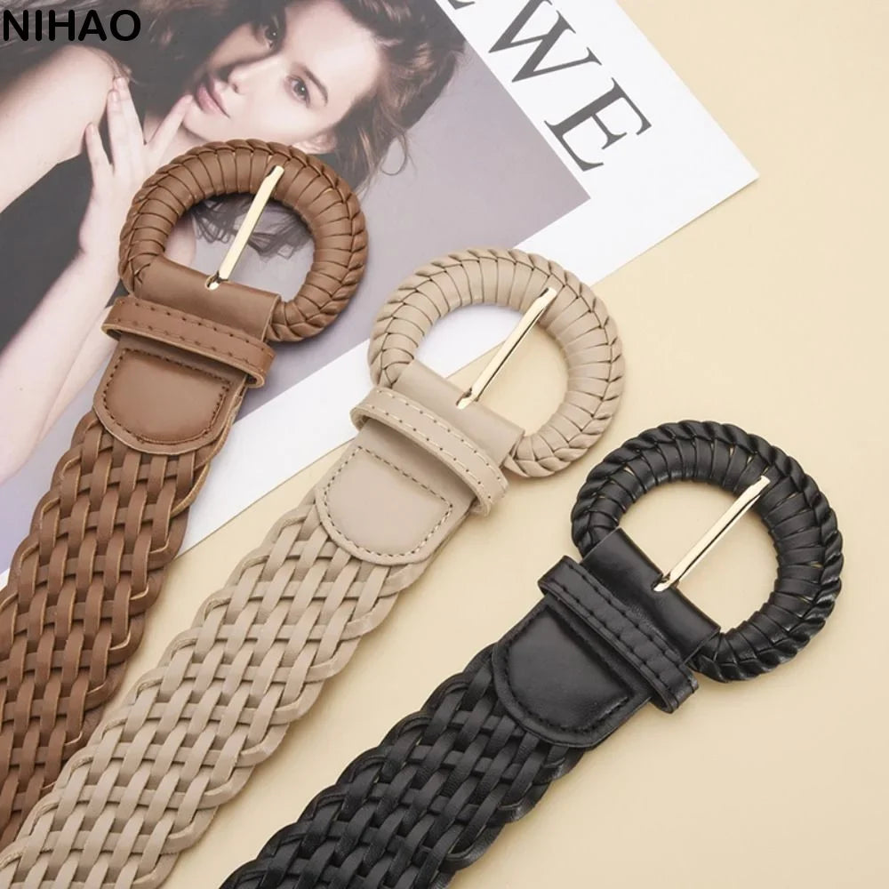 Bohemian Woven Wide Belt – Retro PU Leather Waistband for Women