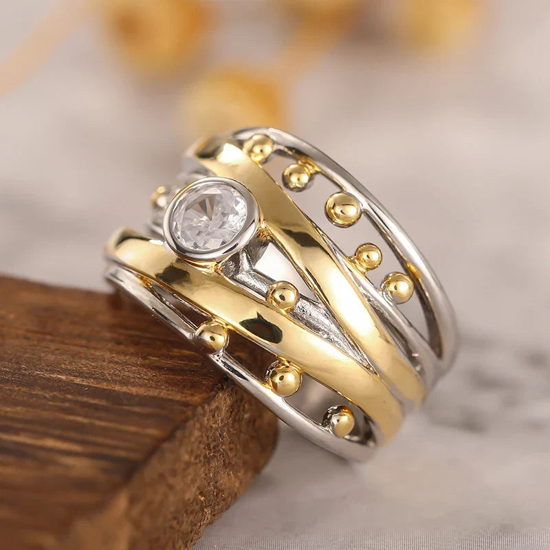 Huitan Two-Tone Cubic Zirconia Ring – Women's Fashion Band