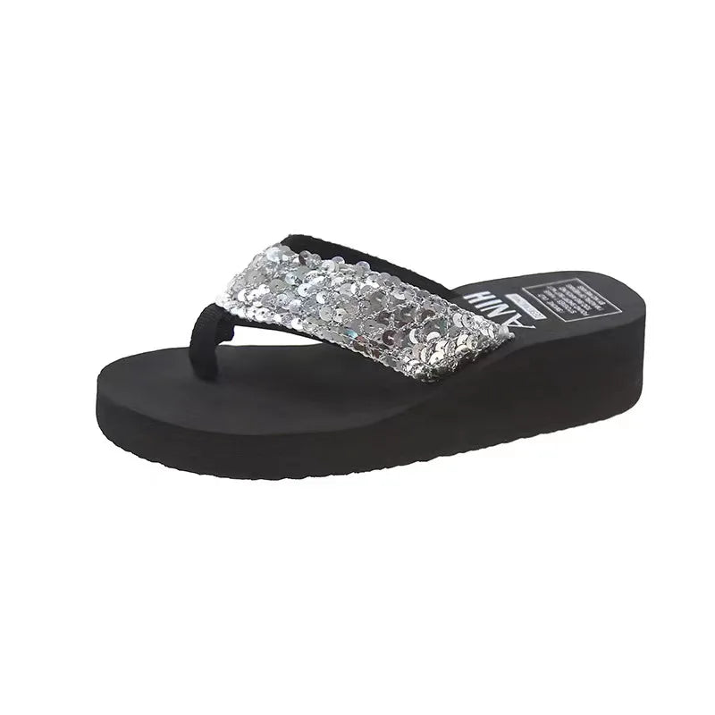 Women's Sequin Platform Flip Flops – Beach Thong Sandals