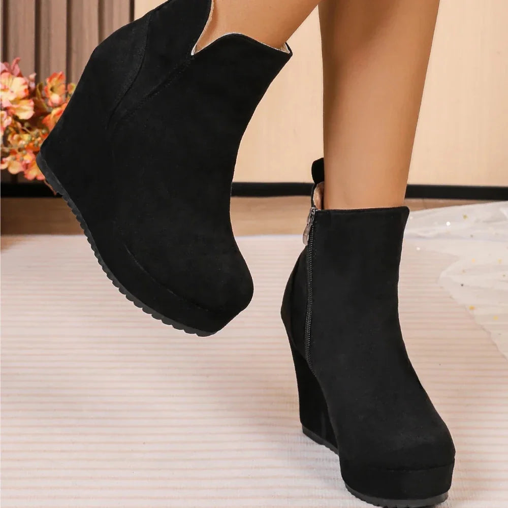 Women's Wedge Ankle Boots – Side Zip Round Toe Warm Booties