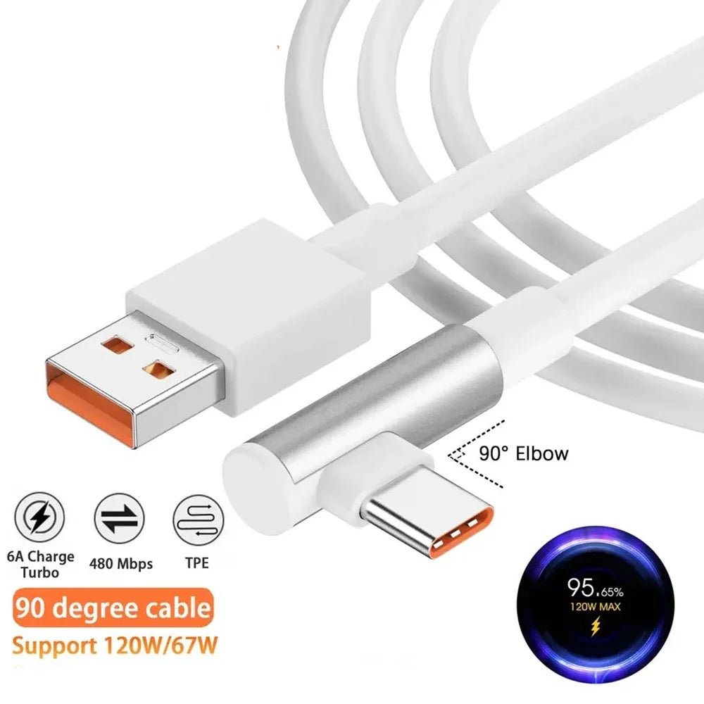 90° Elbow USB-C Cable 120W Fast Charging for Xiaomi Redmi