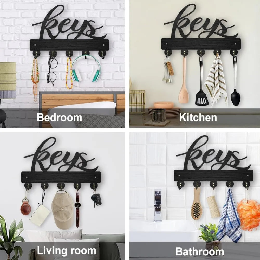 Wood Wall Key Rack with 5 Hooks – Black Entryway Organizer