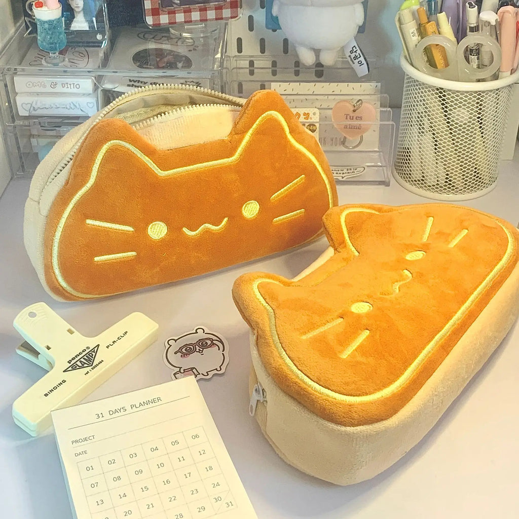 Cute Cat Caramel Bread Plush Pencil Bag Kawaii Student Large Capacity