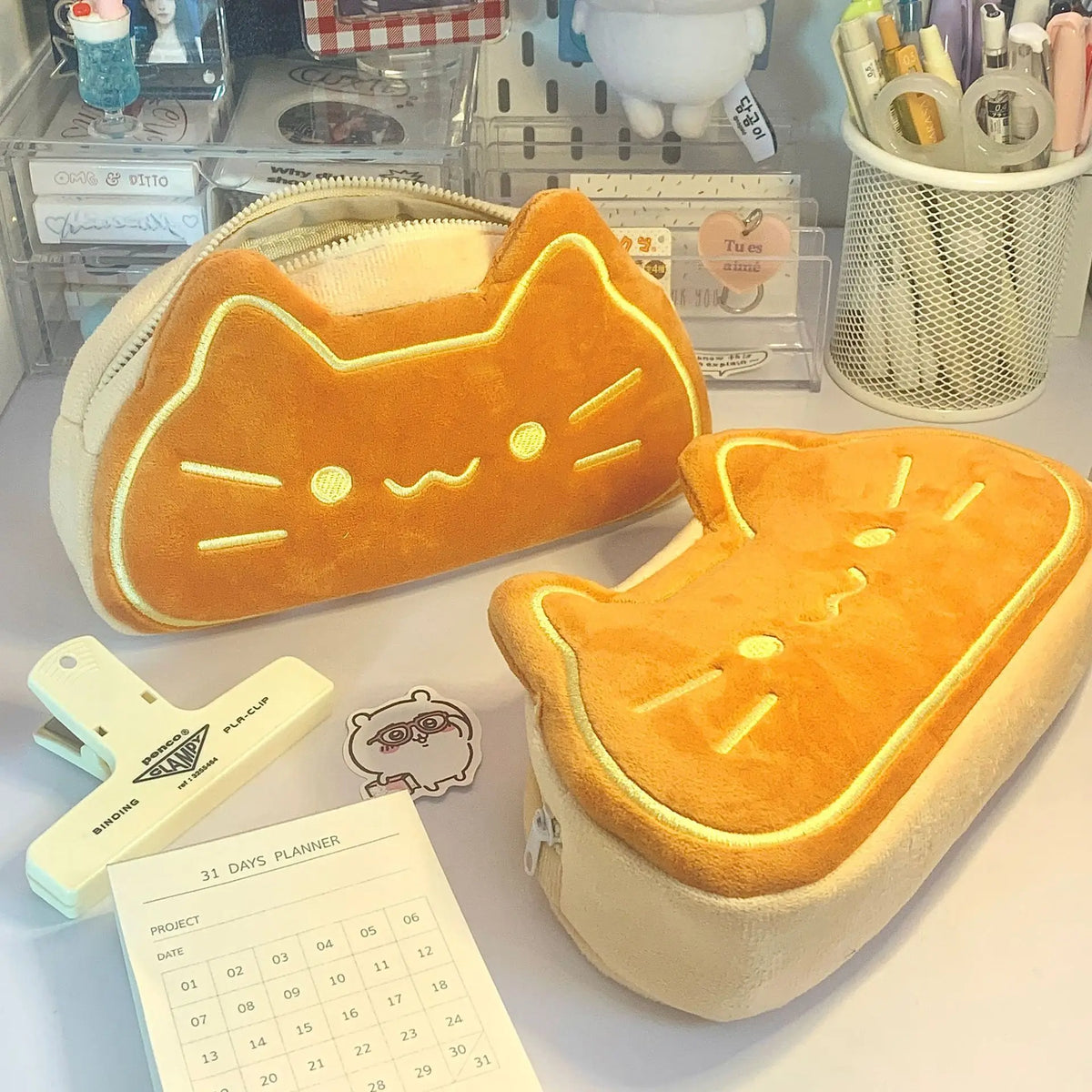 Cute Cat Caramel Bread Plush Pencil Bag Kawaii Student Large Capacity