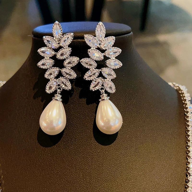 Huitan Pearl Dangle Earrings – Crystal CZ Bridal Wedding Jewelry