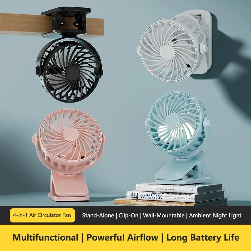 Portable Clip Fan 720° Rotating Rechargeable with Night Light