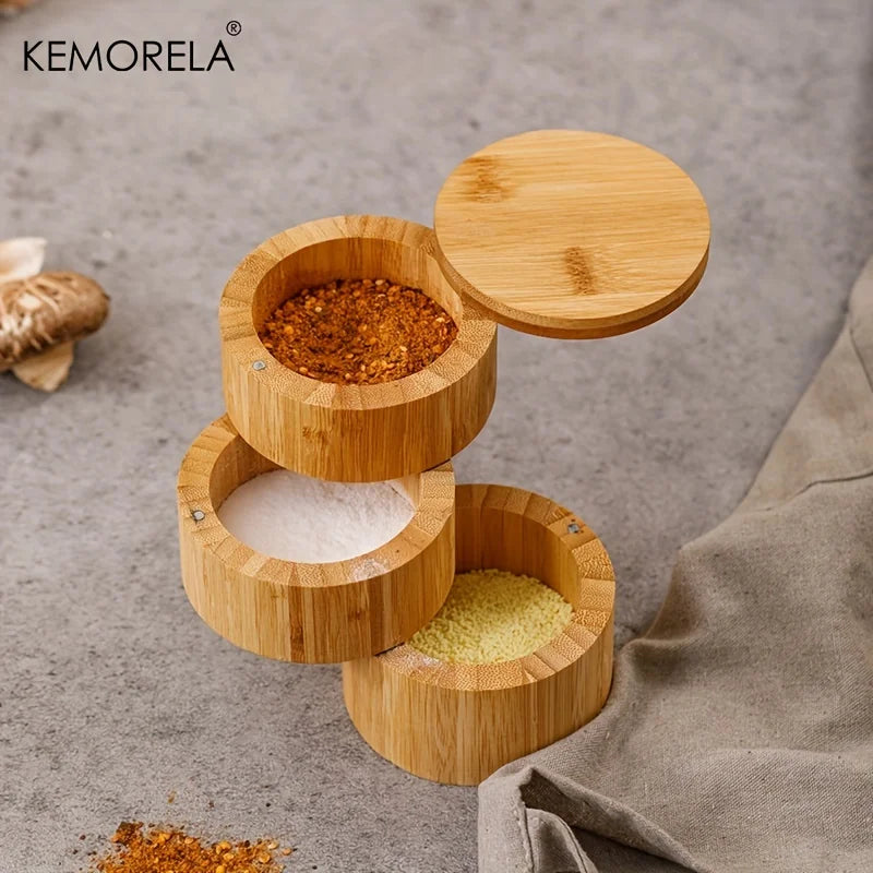 3-Tier Bamboo Salt Box & Spice Storage Jar Set with Spoon