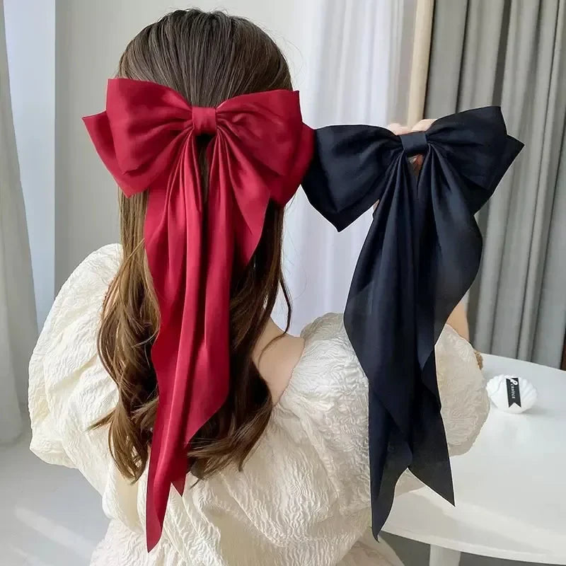 Korean Accessories Hair Clips Women Girls Big Bowknot Solid Satin