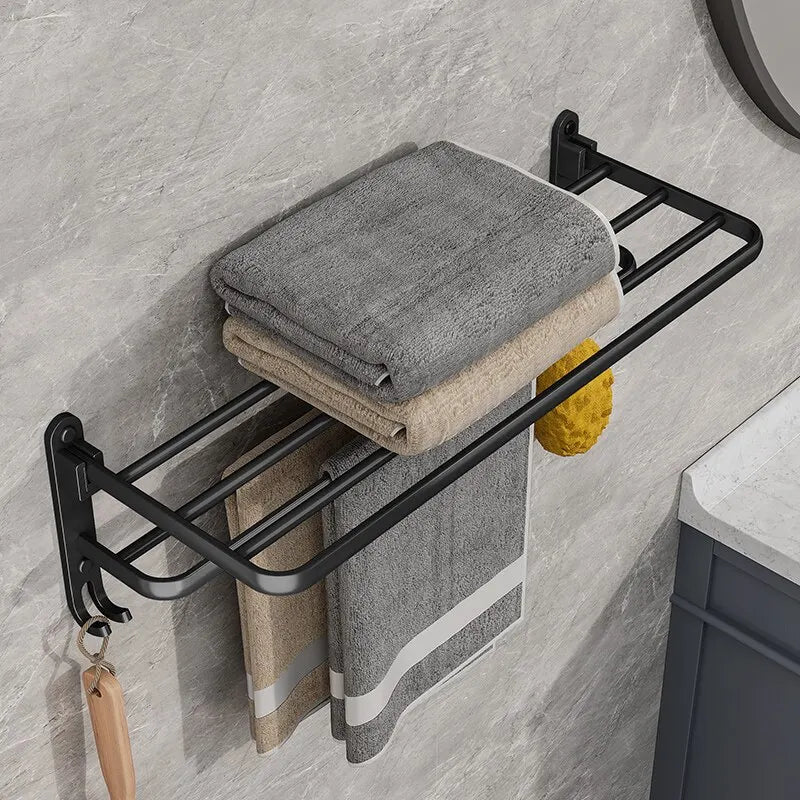 Matte Black Folding Double Bar Towel Rack | Wall Mount + Hook