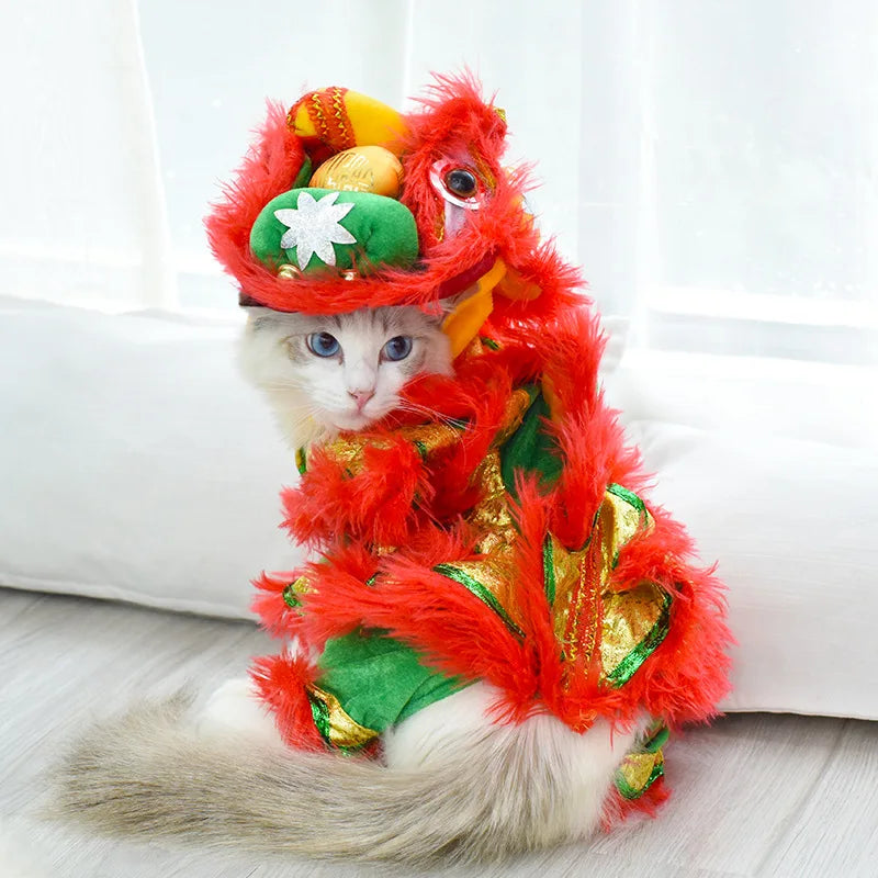 Funny Mischievous Cat Costumes Lion Dance Red Festive Year Pet