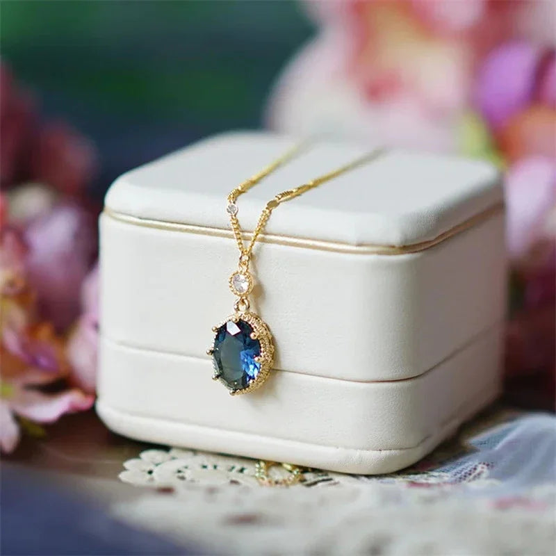 Huitan Oval Blue Stone Pendant Necklace | Bridal Jewelry