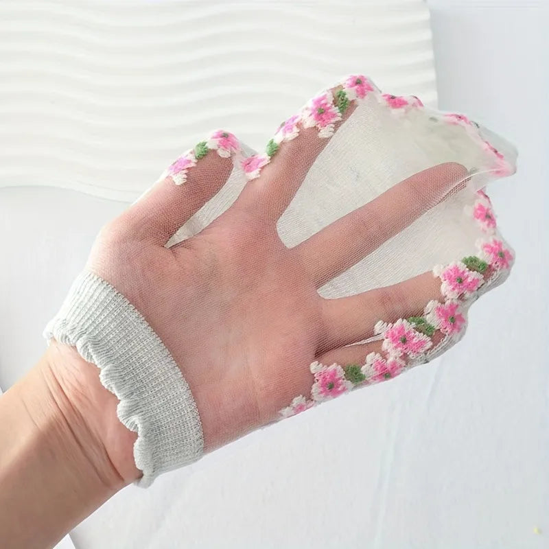 Women's Sheer Floral Embroidered Ankle Socks – 5 Pairs Ruffle
