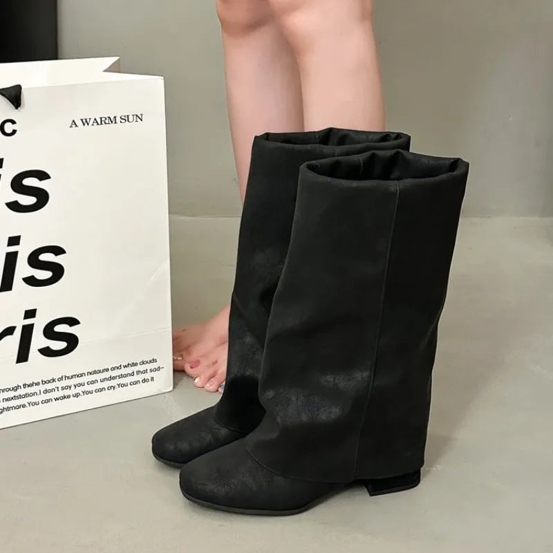 Women's Vintage Square Toe Mid-Calf Boots | Block Heel Slip-On