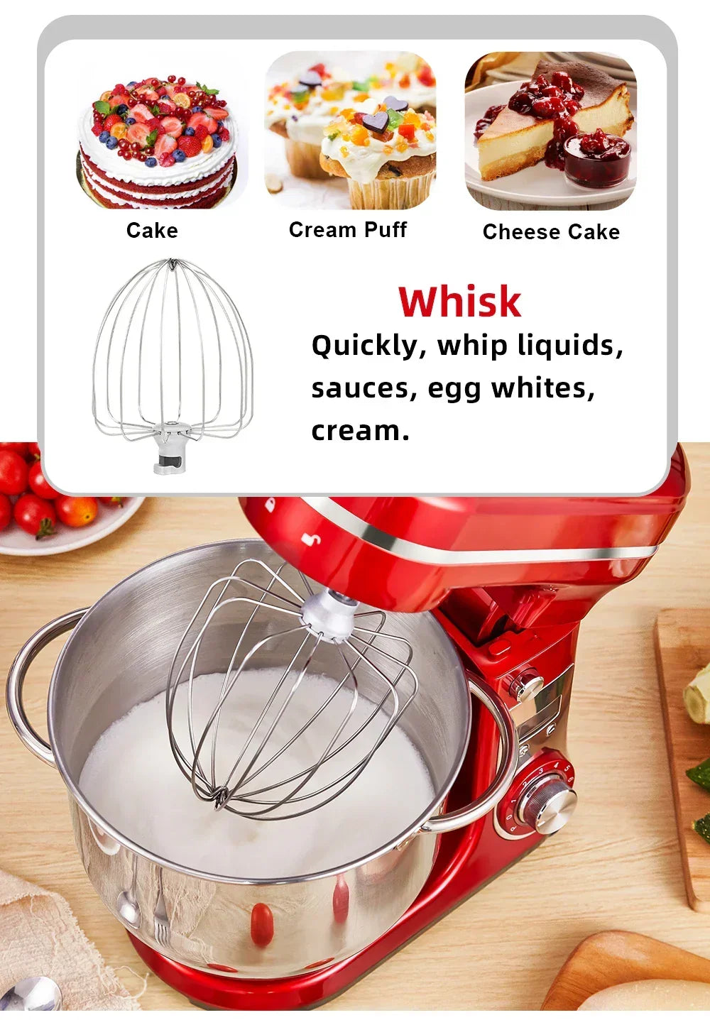 BioloMix Stand Mixer Attachments – Whisk, Dough Hook & Flat Beater