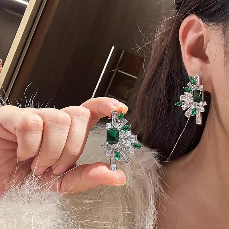Huitan Green Cubic Zirconia Stud Earrings | CZ Geometric Studs