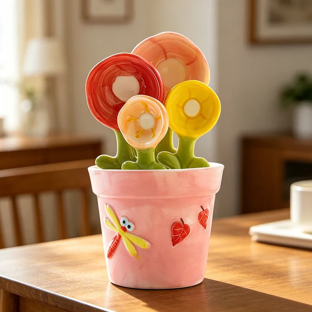 Ceramic Flower Measuring Spoons Set with Holder | Kitchen Decor